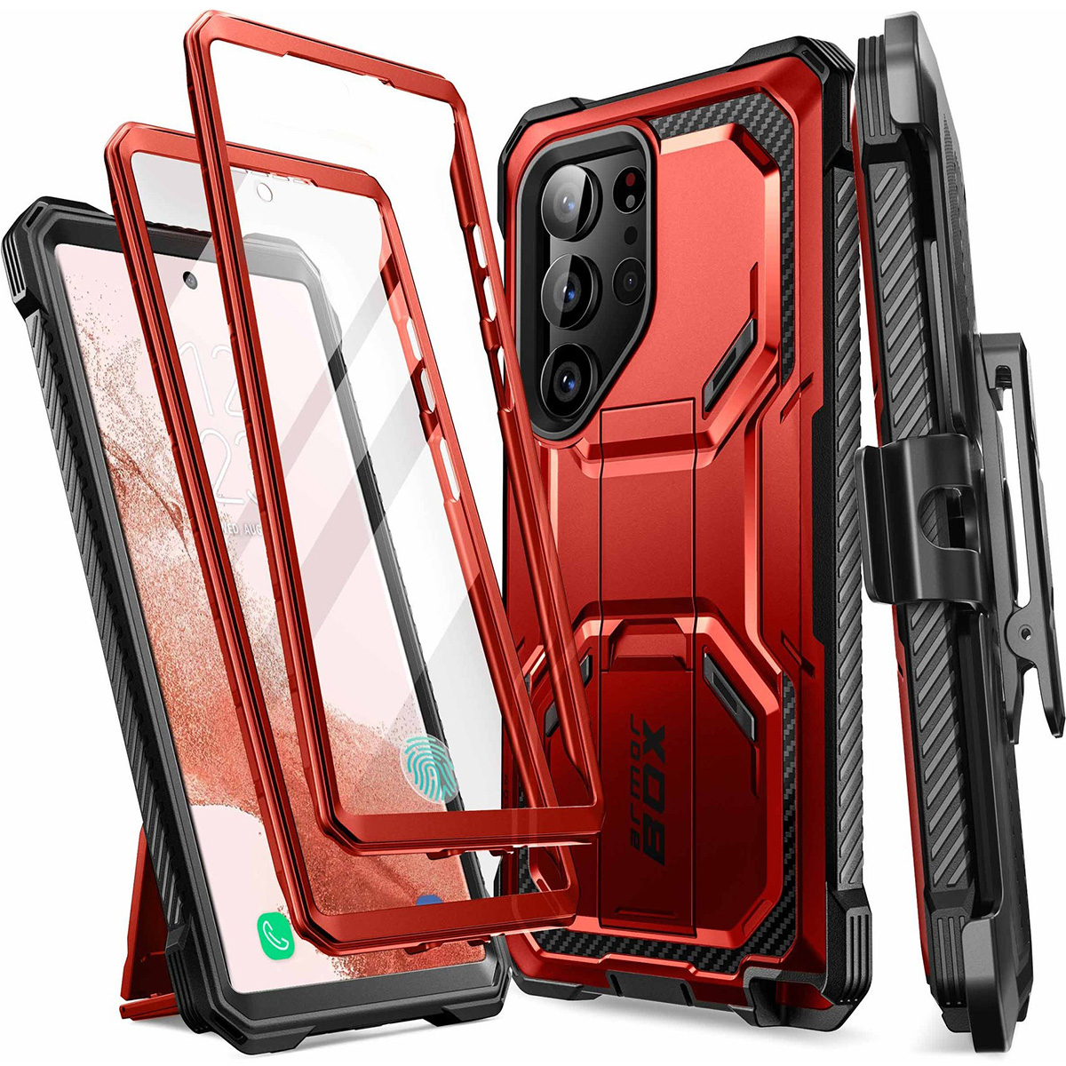Etui pancerne z osłoną na ekran, z wbudowaną podstawką i kaburą z klipsem Supcase i-Blason Armorbox do Galaxy S23 Ultra